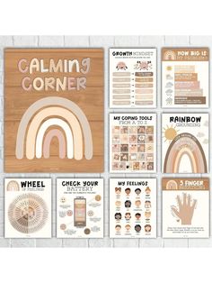 a poster with the words calming corner on it, and pictures of people's hands