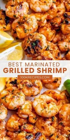 the best marinated grilled shrimp recipe with lemon wedges and parsley on top