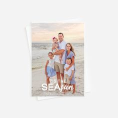 an image of a family on the beach with text overlaying it's the season