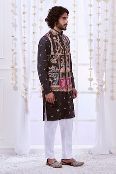 Black sleeveless Nehru jacket with kalamkari thread embroidery in majestic darbar and floral pattern. - Aza Fashions Designer Nehru Jacket With Printed Motifs For Festivals, Festival Nehru Jacket With Printed Motifs, Diwali Nehru Jacket With Printed Motifs In Chanderi, Diwali Chanderi Nehru Jacket With Printed Motifs, Diwali Printed Chanderi Nehru Jacket, Festive Nehru Jacket With Printed Motifs For Diwali, Festive Nehru Jacket With Printed Motifs, Nehru Jacket With Printed Motifs For Festivals, Kurta Set Men