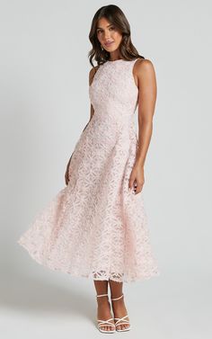 Georgina Midi Dress - Crew Neck Sleeveless A Line Dress in Blush Pink | Showpo USA Wedding Dress Midi, Blush Wedding Dress, Blush Pink Dresses, Line Dress, Dress Midi, Blush Wedding, Wedding Looks, No Brand, Midi Length