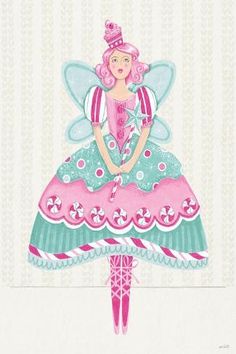 a drawing of a fairy with pink hair and green dress, holding a wand in her hand