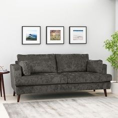 a living room with two pictures on the wall and a couch in front of it