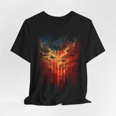 Elevate your wardrobe with a powerful statement in fashion — the "Freedom Flight: Patriotic Skyline T-Shirt" embodies the spirit of liberty and the thrill of the skies. This exclusive tee features a bold and vivid print that captures the essence of valor with a stunning display of fighter jets soaring across a star-spangled sky, blended seamlessly into a striking sunset. Each shirt is a canvas of heroism, designed to evoke pride and a sense of unity in every thread. Crafted for comfort and style, this t-shirt isn't just apparel; it's a tribute to the fearless hearts that fly high and the dreamers who reach for the stars. Perfect for the Fourth of July, Veterans Day, or any day you want to make a statement of freedom and courage. Stand out with a look that speaks volumes and wear your pride Black T-shirt With American Flag Print For Summer, Black Graphic Print T-shirt For 4th Of July, Independence Day Streetwear Tops Crew Neck, Black Flag Print Top For Streetwear, Patriotic Black Top With Flag Print, Patriotic Black Crew Neck Shirt, Black Patriotic Crew Neck Shirt, Black Crew Neck Patriotic Shirt, Black Graphic Tee With American Flag Print