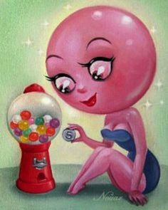 a painting of a pink alien holding a gumball machine