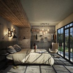 an artist's rendering of a bedroom with large windows and a bed in the middle