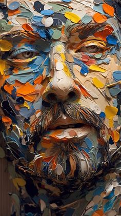 a close up of a face made out of many different colored circles and strips of paper