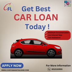 a red car with the words get best car loan today apply now for more information