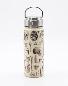 thermos bottle is decorated with different types of bones and human body parts on it