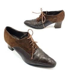 Vintage Brown Leather and Quilted Suede Oxford Shoes, New Romantic Lace-Ups Made in Italy, Women's Size 37 EU, Size 7 US, VFG Vintage Lace-up Shoes With Pointed Toe For Fall, Vintage Brown Lace-up Business Shoes, Vintage Oxfords For Office In Fall, Vintage Oxfords For Fall Office Wear, Retro Leather Lace-up Shoes With Pointed Toe, Vintage Brown Lace-up Shoes With Brogue Detailing, Vintage Oxfords For Business In Fall, Vintage Brown Lace-up Shoes For Business, Vintage Business Oxfords For Fall