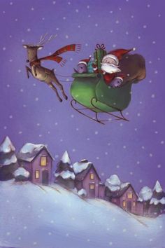 santa claus is riding in his sleigh with reindeers flying over the town