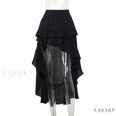 Lasaky - Vintage Irregular Black Hemline Suspender Skirt with a Flirty Twist Gothic Bottoms With Asymmetrical Hem For Spring, Gothic Asymmetrical Hem Bottoms For Spring, Gothic Party Bottoms With Asymmetrical Hem, Fitted Black Skirt With Layered Hem, Gothic Bottoms With Asymmetrical Hem For Summer, Asymmetrical Black Skirt With Ruffles, Asymmetrical Black Ruffle Skirt, Edgy Asymmetrical Hem Summer Skirt, Black Asymmetrical Mini Skirt For Summer