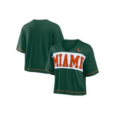 Easily highlight your Miami Hurricanes fandom with this Home Team Bold Fashion Modest T-shirt. Designed by Fanatics, it features a trendy cropped hem, a stylish V-neckline and contrast-color striping that accentuates the vibrant team graphics printed across the front. Blended material makes this Miami Hurricanes tee comfortable to wear all day.Easily highlight your Miami Hurricanes fandom with this Home Team Bold Fashion Modest T-shirt. Designed by Fanatics, it features a trendy cropped hem, a s Collegiate V-neck Top With Letter Print, Game Day V-neck Top With Letter Print, Green Short Sleeve Sports Fan Top, V-neck Game Day Top With Letter Print, Sporty Green Tops For Fan Gear, V-neck Graphic Print Top For Game Day, V-neck Letter Print Tops For Game Day, V-neck Tops With Letter Print For Game Day, Short Sleeve Tops For Fan Apparel