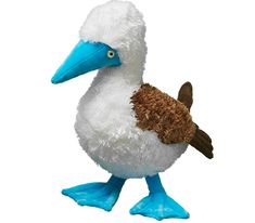 a stuffed bird with a brown beak and white body, standing on one foot in front of a white background