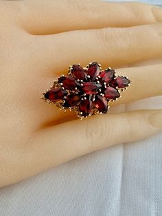 "Stunning 10K Solid Gold 11 Garnets 7+ctw Faceted Marquise Gemstones Ring Branch Split Band Exquisite Hallmark 10K CI Grams  7.3 Width 1.23\" x 0.80\" Visit Our Etsy Shops HauteCoutureLaLa TrendsCouture  BeautifulPatina  LastingTrends  BorrowedTrends" Formal Cluster Jewelry With Gemstone Accents, Cluster Rings With Gemstone Accents For Gift, Cluster Ring With Gemstone Accents, Cluster Ring With Gemstone Accents Gift, Collectible Garnet Gemstone Ring, Cluster Gemstones With Accent Stones As Gift, Cluster Accent Stones Gemstones As Gift, Fine Jewelry With Cluster Gemstone Accents, Fine Jewelry With Gemstone Cluster Accents