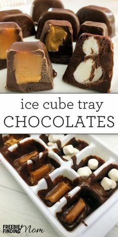 ice cube tray with chocolates and marshmallows in it on a white plate