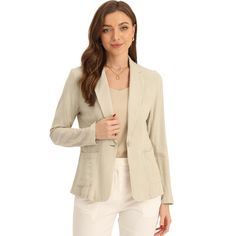 This linen blazer strikes the perfect balance between casual and sophisticated style. With its relaxed fit and notch lapel, it adds a touch of refinement to any outfit while still maintaining a laid-back vibe. The one-button design of this suit jacket makes it incredibly versatile. It can be dressed up for formal occasions or paired with jeans or skirts for a more casual look. Single Button Linen Blazer For Office, Linen Single Button Blazer For Office, Linen Blazer With Notch Lapel For Work, Linen Blazer With Welt Pockets For Work, Classic Linen Blazer For Office, Solid Linen Blazer For Work, Linen Blazer For Workwear, Linen Blazer For Work, Classic Linen Office Blazer