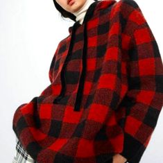 Hoodie. Valour Tie Up Closure. Soft. Only This 1 In Stock. Plaid Long Sleeve Hoodie For Winter, Red Sweater For Fall Streetwear, Red Hoodie Sweater For Winter, Oversized Plaid Casual Sweater, Casual Oversized Plaid Sweater, Red Winter Hoodie Sweater, Cozy Black Hoodie For Fall, Plaid Hoodie For Streetwear, Winter Plaid Hooded Hoodie