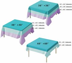 two tables with measurements for each table and one has a blue cover on it, the other is purple