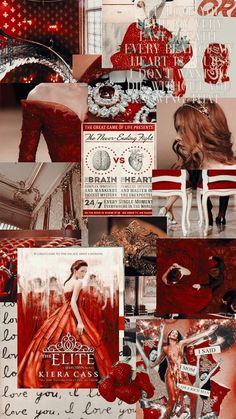 the collage has many different pictures and words on it, including red colors with white accents