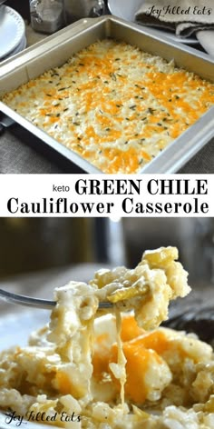 the green chile cauliflower casserole is being scooped out