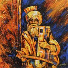 an oil painting of a man holding a wooden stick in his hand and wearing a turban