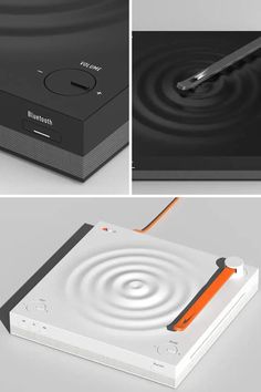 three different views of an electronic device with orange and black trims on the side