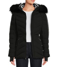 From MICHAEL Michael Kors&#x2C; this coat features:Puffer silhouetteStand collar neckline Removable faux fur trimmed hoodLong sleeves with reflective outer shell Knit cuffsQuilt patternFront zip pocketsFittedFaux down fillFully lined Straight hemlineCenter front zip closure Approx. 27.5" lengthPolyester; lining: polyesterMachine wash/tumble dry Imported. Dillard's, Puffer Coat, Fur Trim, Stand Collar, Winter Coat, Faux Fur, Puffer, Michael Kors, Jackets & Coats