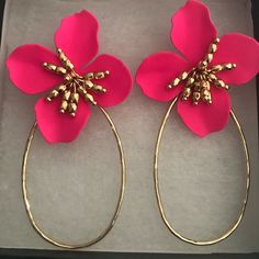 Super Fun Gold Hoop Earrings With Hot Pink Flower . Hoops Have A Hammered Detail And Flower Has Gold Dangle Center. Never Worn ! Flower Shaped Hoop Earrings For Party, Small Hoop Pink Flower Earrings, Pink Hoop Earrings For Spring, Pink Hoop Flower Earrings For Pierced Ears, Pink Handmade Hoop Earrings For Spring, Pink Flower Shaped Hoop Earrings For Gift, Handmade Pink Hoop Earrings For Spring, Pink Flower-shaped Hoop Earrings For Gift, Trendy Pink Flower Hoop Earrings