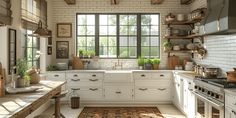 a kitchen filled with lots of white cabinets and counter top space next to a window