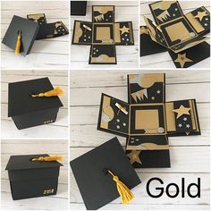 graduation decorations made out of black paper with gold stars and tassels on them