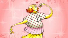 a cartoon character with red hair wearing a polka dot shirt and pink pleated skirt