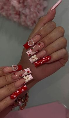 Easy Nails, Unique Acrylic Nails, Pink Acrylic Nails, Square Acrylic Nails, Stick On Nails, Nails Coffin, Nail Arts, Valentine's Day Nails