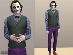 the joker is wearing a green vest and purple pants with his hands in his pockets