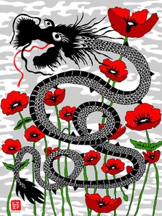 a dragon and flowers on a gray background with red poppies in the foreground