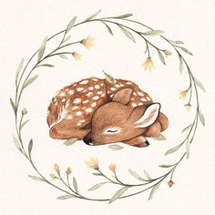 a watercolor drawing of a deer curled up in a circle with leaves around it