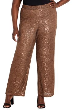 Dazzle on the dance floor all night long in these statement-making wide-leg pants decorated with twinkling sequins. 34" inseam; 14 1/2" leg opening; 14 1/2" front rise Lined 97% polyester, 3% elastane Hand wash, dry flat Imported Glamorous Full-length Wide Leg Pants For Night Out, Glamorous Full Length Wide Leg Pants For Night Out, Glamorous Fall Bottoms With Contrast Sequin, Embellished Straight Leg Bottoms For Party, Embellished Straight Leg Party Bottoms, Glamorous Wide Leg Pants For Party Season, Glamorous Wide Leg Pants For Party, Glamorous Full Length Wide Leg Pants For Party Season, Glamorous Stretch Wide Leg Pants For Party