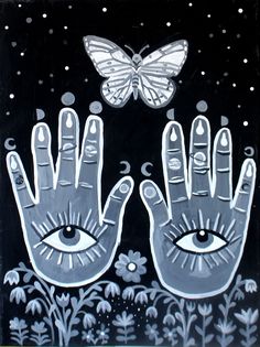 a painting of two hands and a butterfly