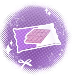 a piece of cake sitting on top of a purple and white circle with stars around it