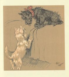 a drawing of a dog and a cat sitting on a couch looking at each other