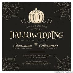 a black and white halloween wedding card with a pumpkin on the front, spider web around it