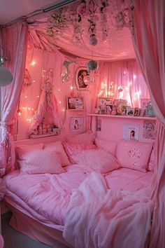 a pink bedroom with lots of lights and decorations