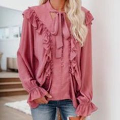 Vici Dusty Rose Tie Blouse Chic Pink Blouse For Fall, Chic Pink Fall Blouse, Feminine Fall Shirt, Feminine Pink Blouse For Fall, Spring Party Tie Neck Top, Solid Color Tie Neck Tops For Fall, Solid Tie Neck Tops For Fall, Pink Fitted Tie Neck Top, Feminine Tie Neck Tops For Spring