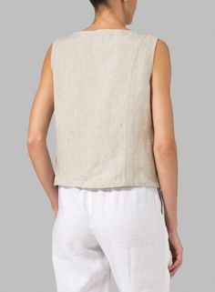 Linen Sleeveless Short Tank Fitted Linen Tank Top For Everyday, Beige Fitted Sleeveless Top, Classic Sleeveless Vest For Layering, Versatile Fitted Tank Top For Day Out, Fitted Versatile Tank Top For Day Out, Chic Solid Camisole Vest, Casual Beige Vest Top, Versatile Sleeveless Blouse For Everyday, Casual Linen Tank Vest