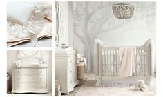 a baby's room with white furniture and pink decor on the walls, along with a chandelier