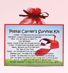 a red postcard with the words postal carrier's survival kit attached to it