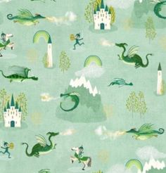 a green and white wallpaper with castle, dragon, and rainbows on it