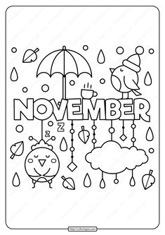 the word november is surrounded by raindrops and birds, with an umbrella above it