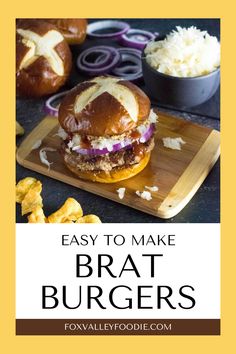 Easy to Make Brat burgers are fantastic because you are literally making bratwurst, but skipping the tedious step of stuffing casings, which is required to make homemade sausages. Instead, this easy recipe combines ground pork with a few simple seasonings and then crafts it into a classic burger patty. While the brat patties are cooking, toast the inside of each pretzel bun. Then assemble your burgers with your favorite brat toppings, like sauerkraut, red onions, ketchup, or brown mustard. Brat Toppings, Brat Patties, Brat Burgers, Buffalo Chicken Burgers, Barbecue Burgers, Classic Burger, Burger Patty, Pretzel Bun, Bacon Burger