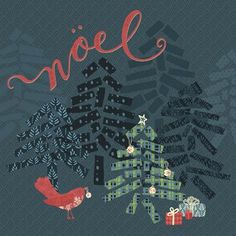 a christmas card with an image of a tree and bird on it, which says noel